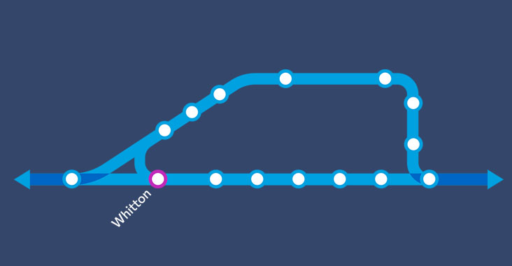 Whitton station shown on train map